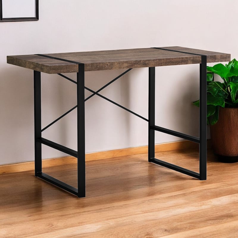 Wood Veneer Computer Desk with Black Metal Base and Rectangular Shape