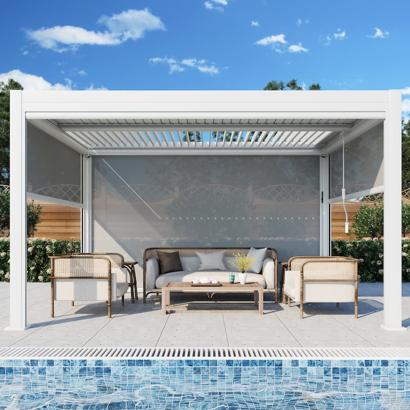 EROMMY Outdoor Louvered Pergola Gazebo with Adjustable Aluminum Rainproof Roof and Pull-Down Screen