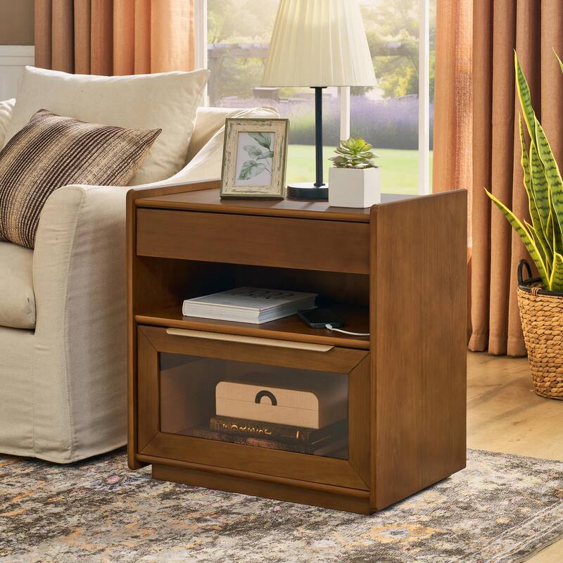Mid Century Modern Nightstand with Charging Station & Outlet Hole & 2 Drawers