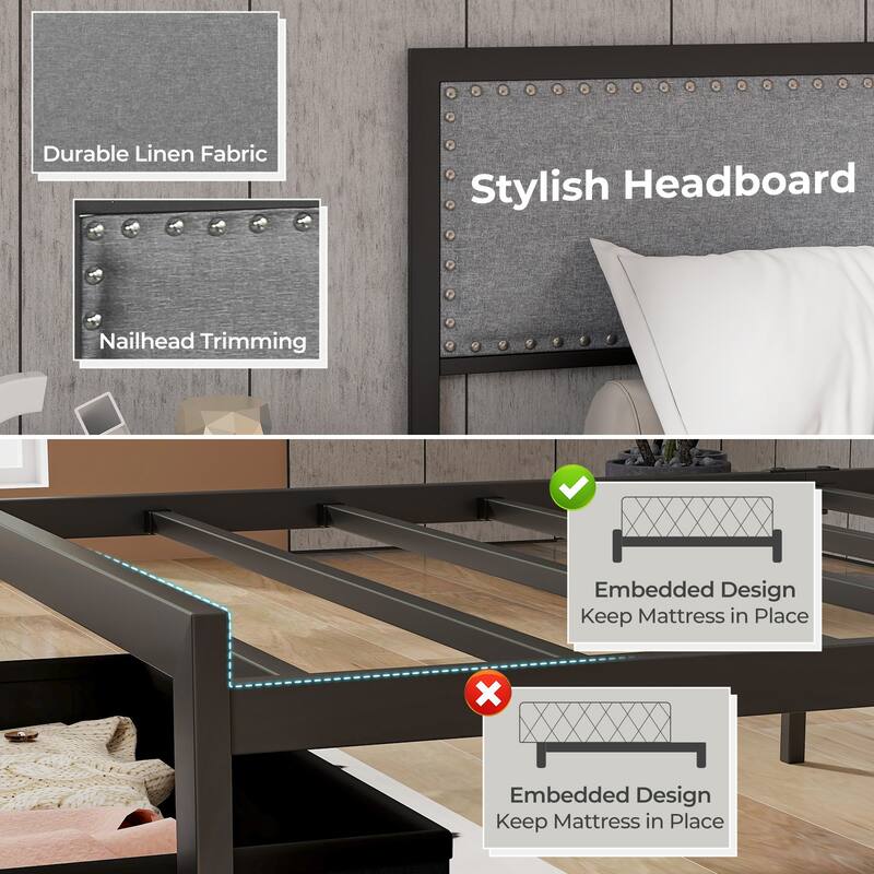 Full/Queen/Twin Size Bed Frame with LED Lights Drawer and Metal Slats