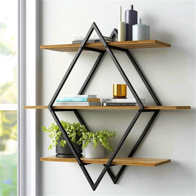 Floating Wall Mounted Display Shelf 3 Tiered Wooden Shelves Black Frame Shelving - Black
