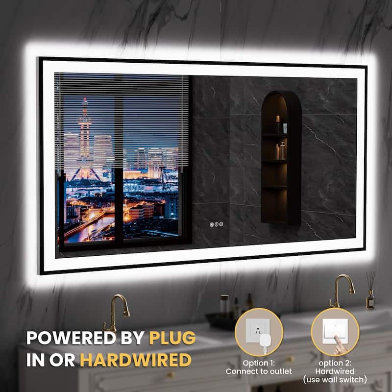 72x36 Inch Frameless LED Bathroom Mirror Smart Dimmable Anti Fog Tempered Glass White