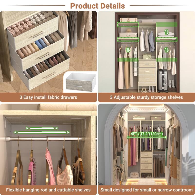 4FT Kid's Closet System with Fabric Drawers for Small Closet, Closet Organizer for Walk-in/ Reach-in Closet