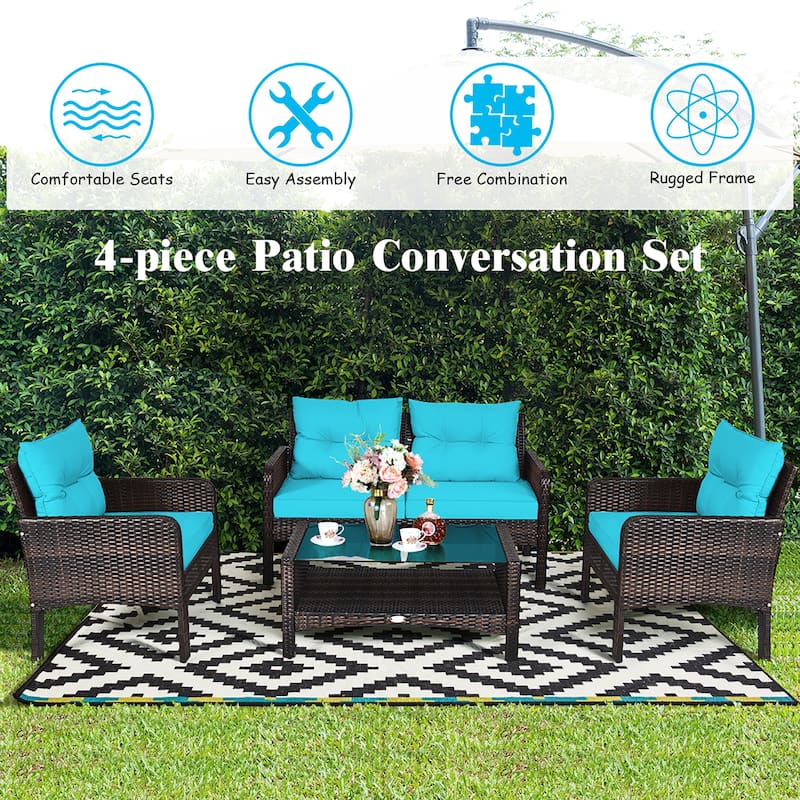 Costway 4PCS Patio Rattan Furniture Set Loveseat Sofa Coffee Table - 28'' x26'' x29''
