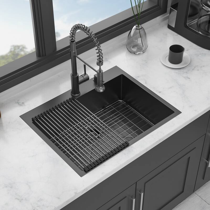 Drop in Kitchen Sink Gunmetal Black Topmount 16 Gauge Deep Single Bowl Stainless Steel Sink Basin