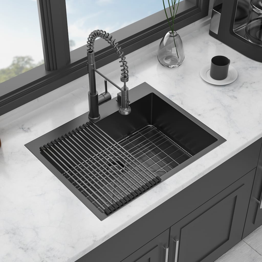 Drop in Kitchen Sink Gunmetal Black Topmount 16 Gauge Deep Single Bowl Stainless Steel Sink Basin