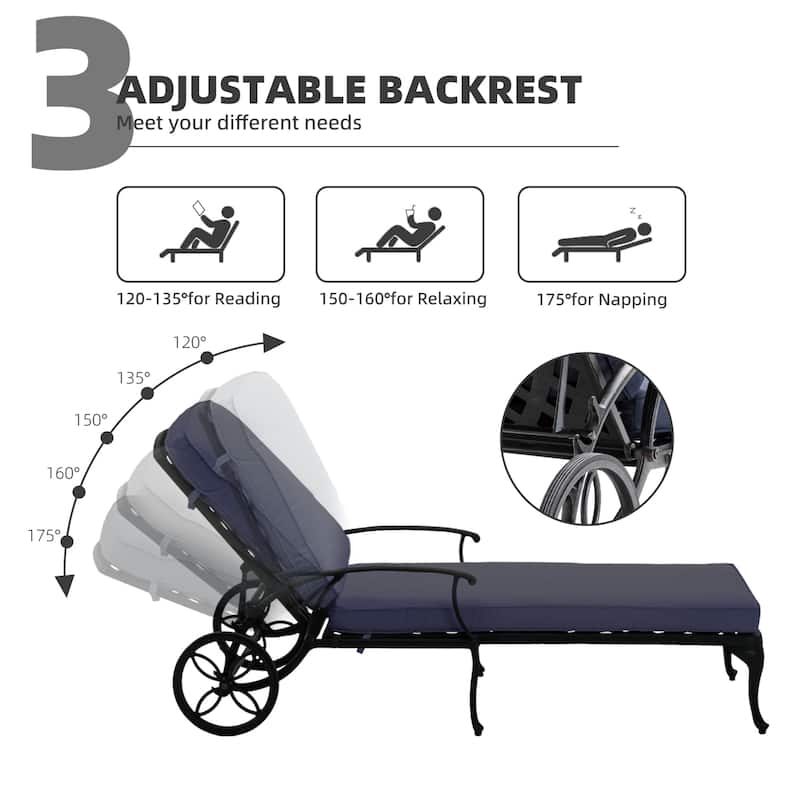 Aluminum Reclining Outdoor Chaise Lounge with Wheels and Cushions(set of 2)