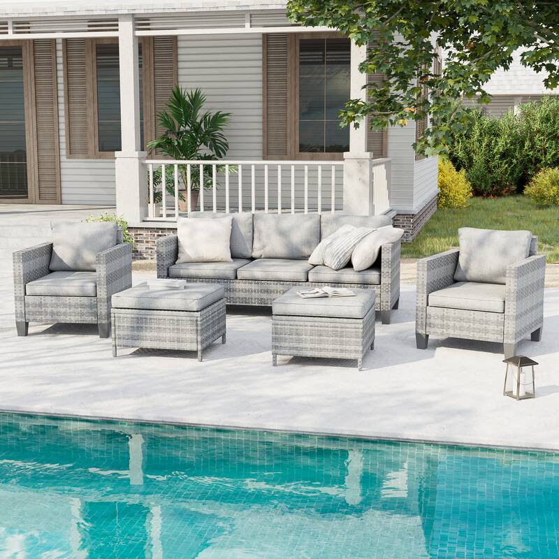 BONOSUKI 5-Piece Patio Sofa Sets Grey Rattan Outdoor Furniture Set - Linen Grey