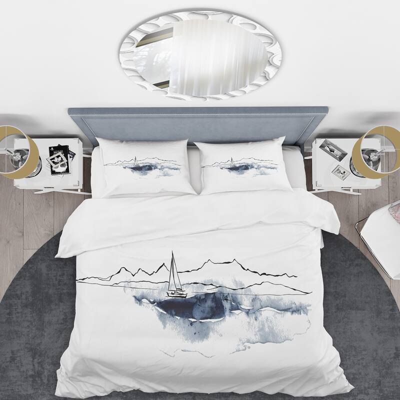 Designart 'Minimalistic Seascape With Black Mountains & Boat' Nautical & Coastal Duvet Cover Set