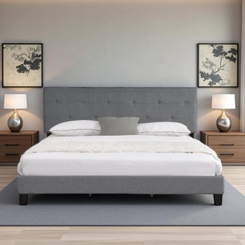 King Upholstered Platform Bed with Linen Headboard, Wood Slat Support, No Box Spring Required, Easy Assembly