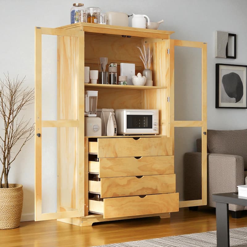 75" Solid Pine Wood Kitchen Pantry Cabinet with Glass Doors and 4 Drawers, Freestanding Storage Display Cabinet for Dining Room