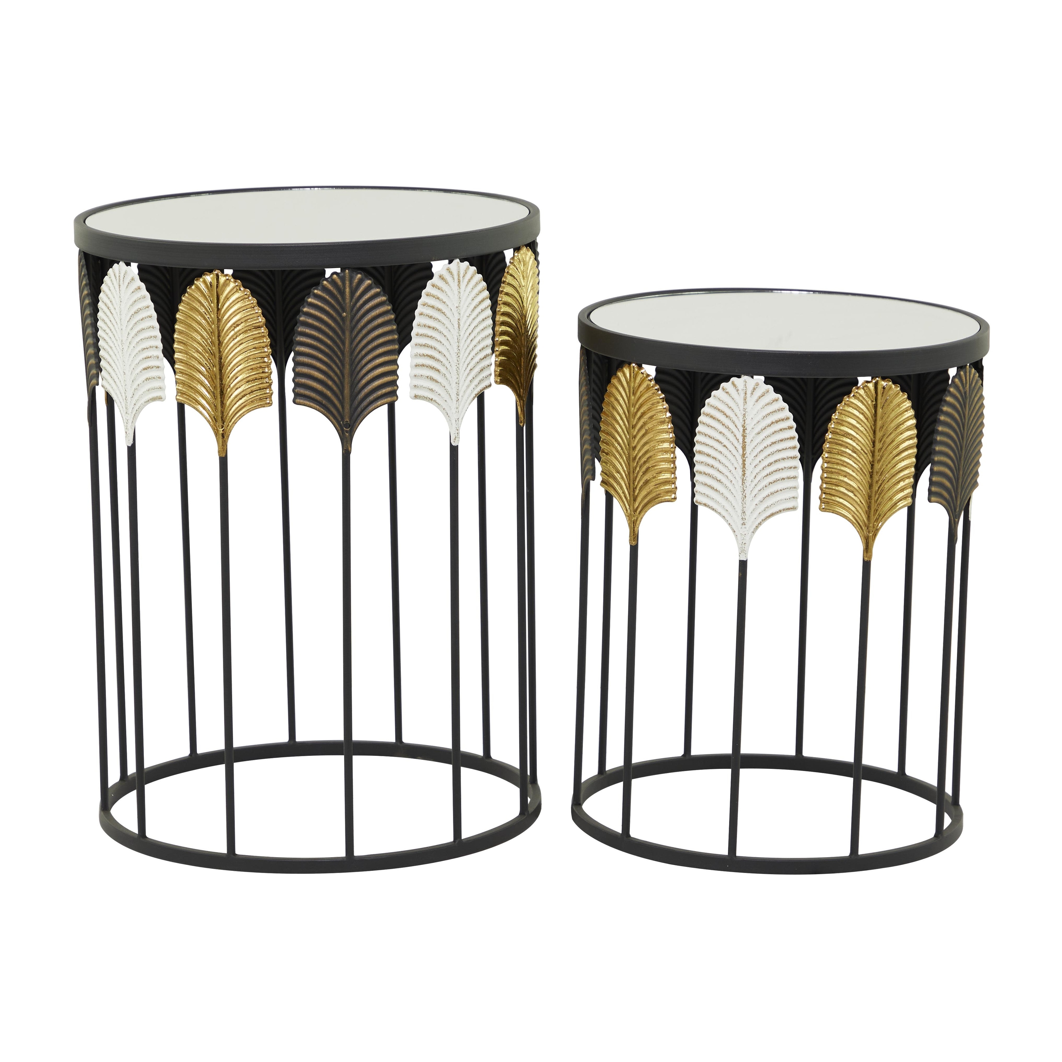 Roche River Decor - Metal Leaf Accent Table with Mirrored Glass Top - Set of 2 Black