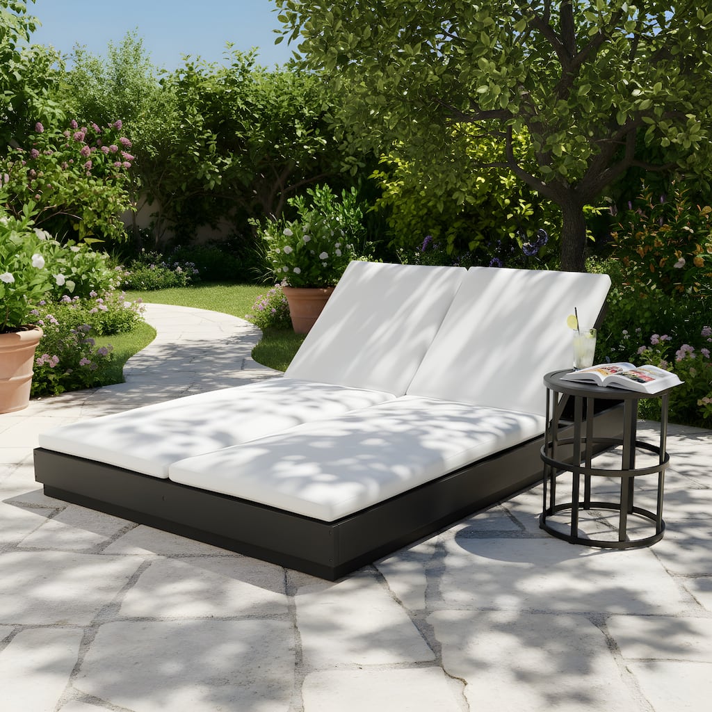 Christopher Knight Home - Outdoor Acacia Wood 5-Position Adjustable Double Sunlounge Set with 16.54" Ceramic Tile Side Table