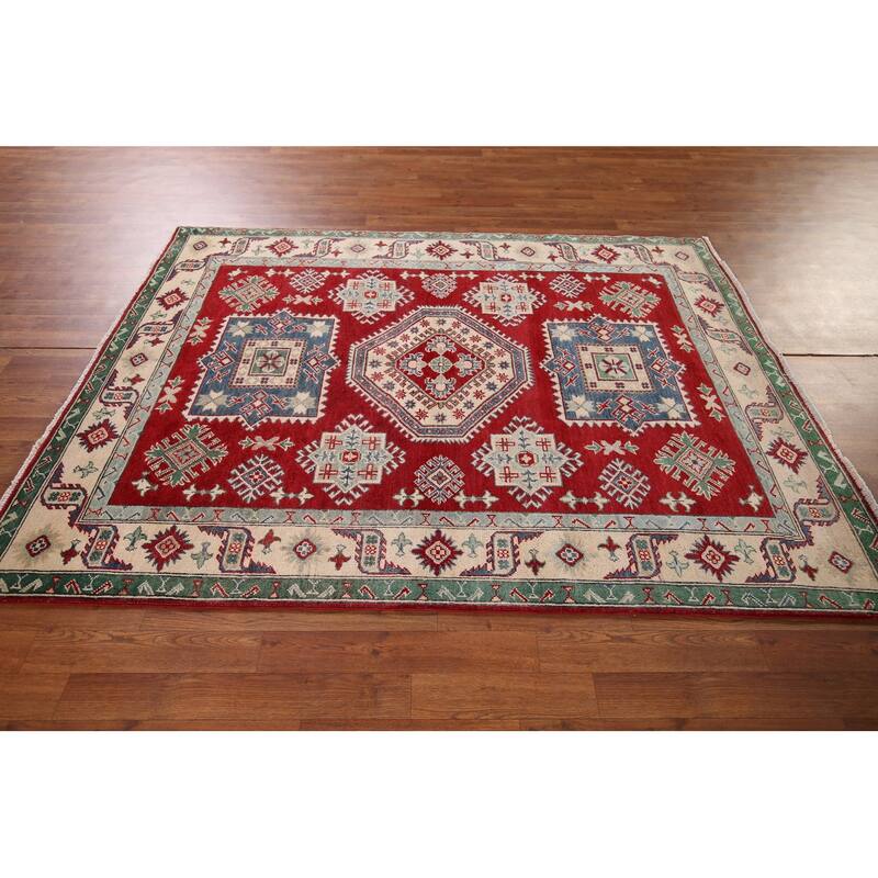 Geometric Red Kazak Oriental Area Rug Hand-Knotted Wool Carpet - 5'1" x 6'8"