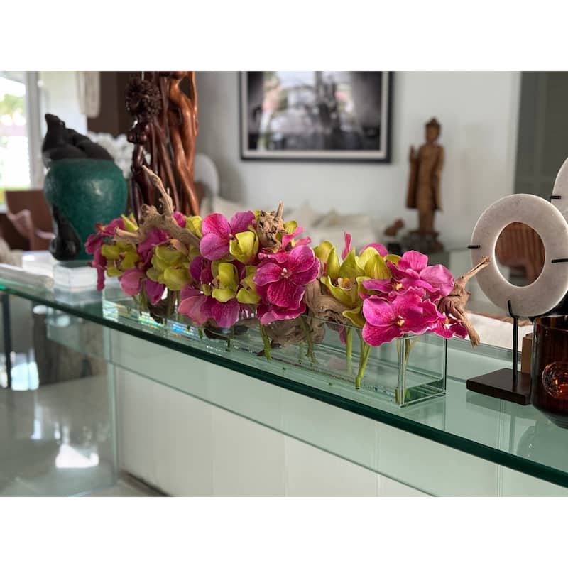 Casa Moderna Glass Planter With Pink Vandas And Green Cymbidiums