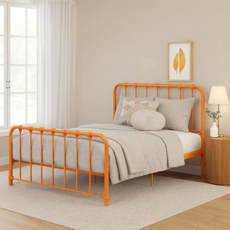 Ethan Full Size Metal Bed, Orange Spindle Design, Heavy Duty Slat Support