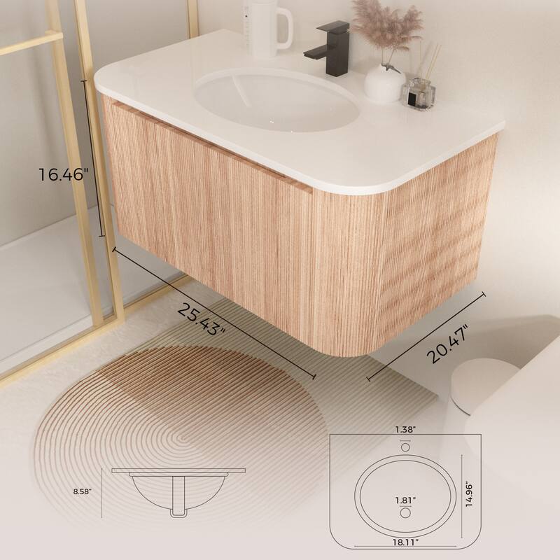 36 Inch Wall Mounted Bathroom Vanity with Sink Curved Design, Modern Floating Vanity Cabinet with Soft Close Drawer