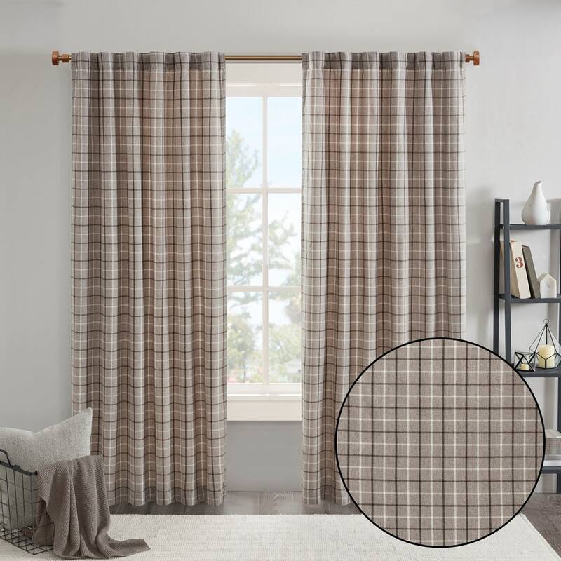 Plaid Rod Pocket and Back Tab Curtain Panel with Fleece Lining Natural 50x95"