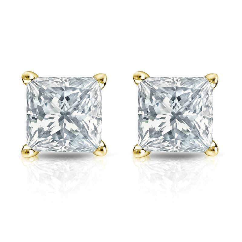 Auriya Plat Gold Lab Grown 1.50 carat TDW Princess Diamond Stud Earrings 4-Prong Basket Push-back