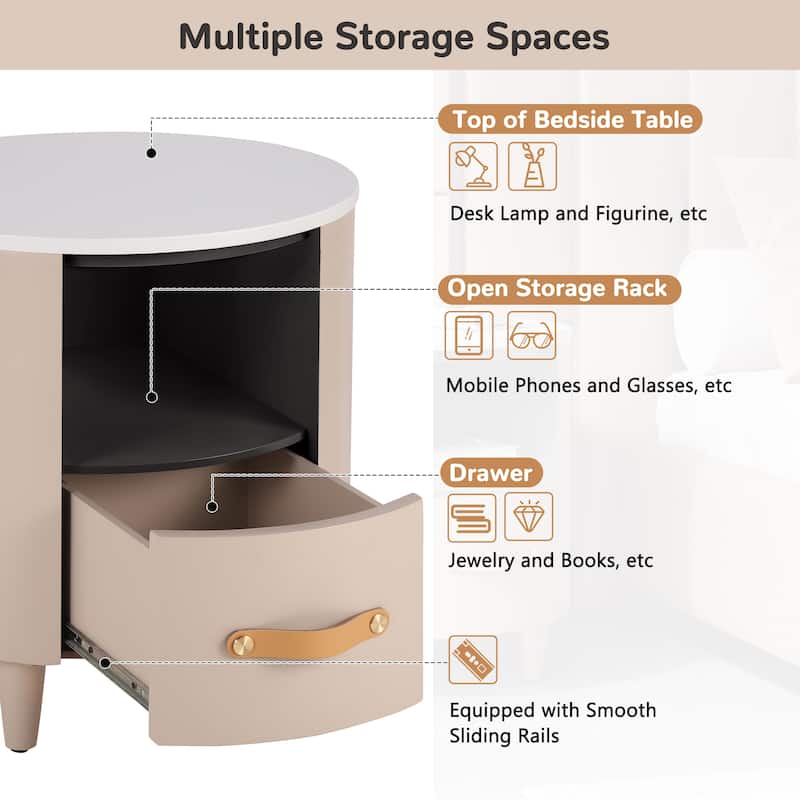 Round Nightstand with Drawer & Open Shelf, Nightstand with Leather Handle & Tapered Legs, Large Capacity Sofa Side Table