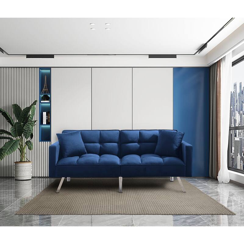 Velvet Futon Sofa Bed with Two Pillows, Convertible Sleeper Sofa Couch with 3 Angle Adjustable Backrest, Modern Loveseat