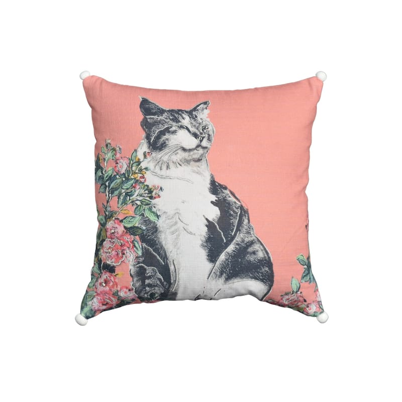 18" X 18" Pink Cat Zippered Handmade Cotton Blend Throw Pillow With Pom Poms