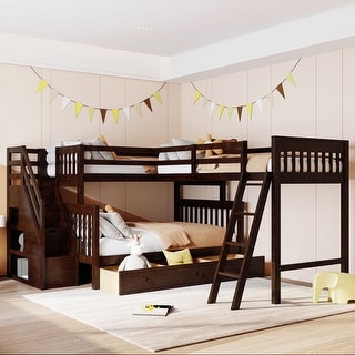 L Shaped Solid Wood Bunk Bed for Kids, Twin-Twin Over Full Triple Bed Frame w/3 Drawers, Storage Ladder & Full-Length Guardrail
