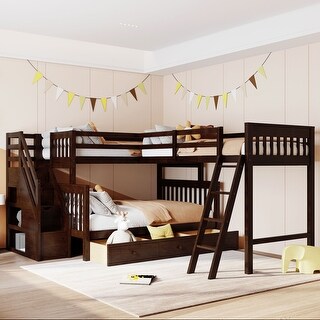 Twin over Full Solid Wood L-Shaped Bunk Bed With 3 Drawers, Ladder and Staircase