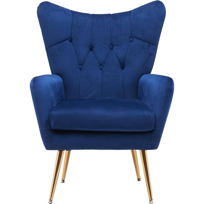 Modern Chic Mid-Century Velvet Accent Armchair Button-Tufted Wingback Design with Gold Flared Legs - Navy Blue