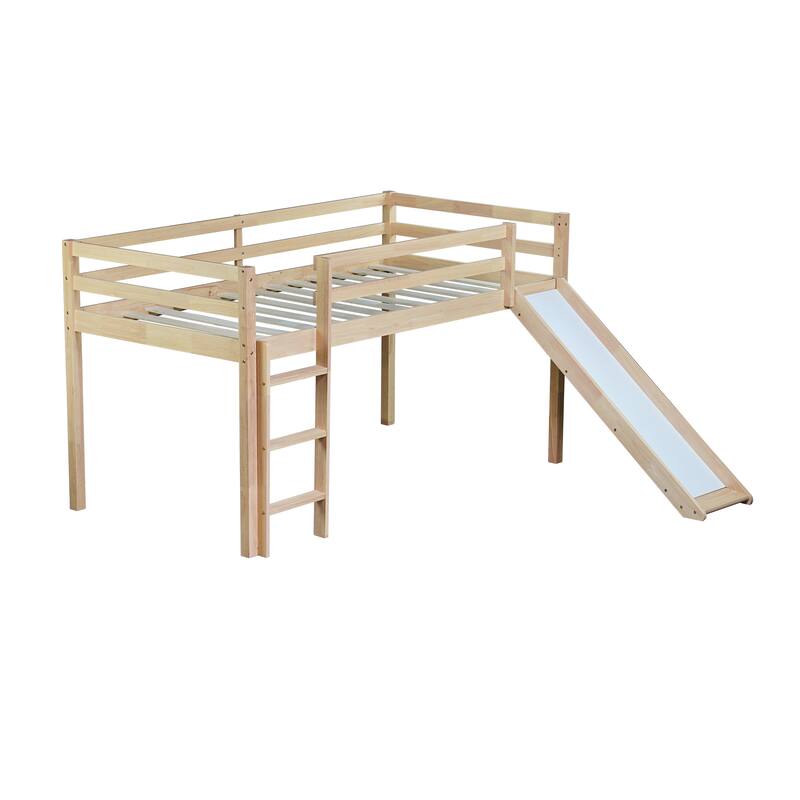 Twin Low Loft Bed with Slide Ladder Safety Guardrails Rubber Wood