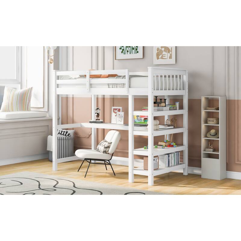 Twin Size Loft Bed with Storage Shelves and Under-bed Desk in White
