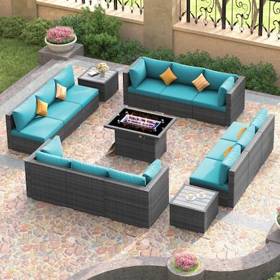 FINCATI Outdoor Grey Wicker Sectional Furniture Patio Sofa Set with Firepit Table