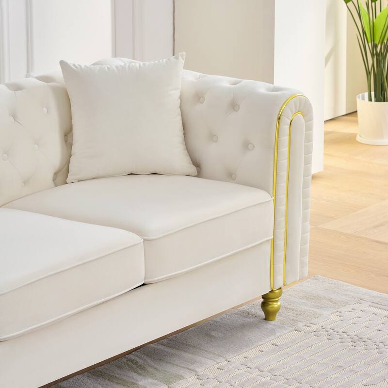 Roomfitters 86" Modern Upholstered Chesterfield Tuxedo Sofa with Gold Trim, Button Back 3-Seater Couch for Living Room