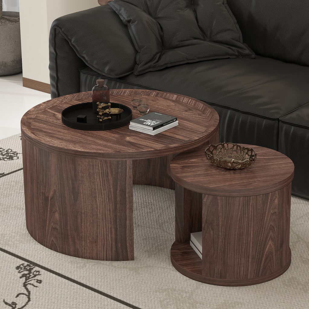 Round Nesting Coffee Table Set of 2, Natural wood color Coffee Table, 31.5" Large & 18" Small Low Tables with Wood Top
