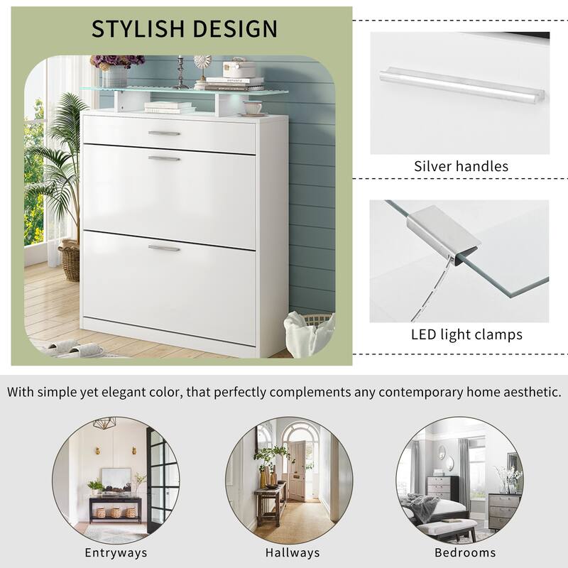 Contemporary Shoe Rack Storage Cabinet with Adjustable Shelves, Tempered Glass Top and LED Lighting, for Hallway Organize
