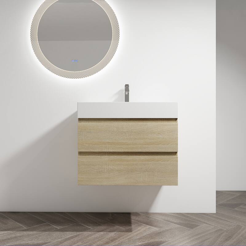 24/30/36 Single Sink Wall-Mounted Bathroom Vanity with Integrated Thick Edge Resin Sink - Light Oak - 29.5" x 18.13" x 24.44"