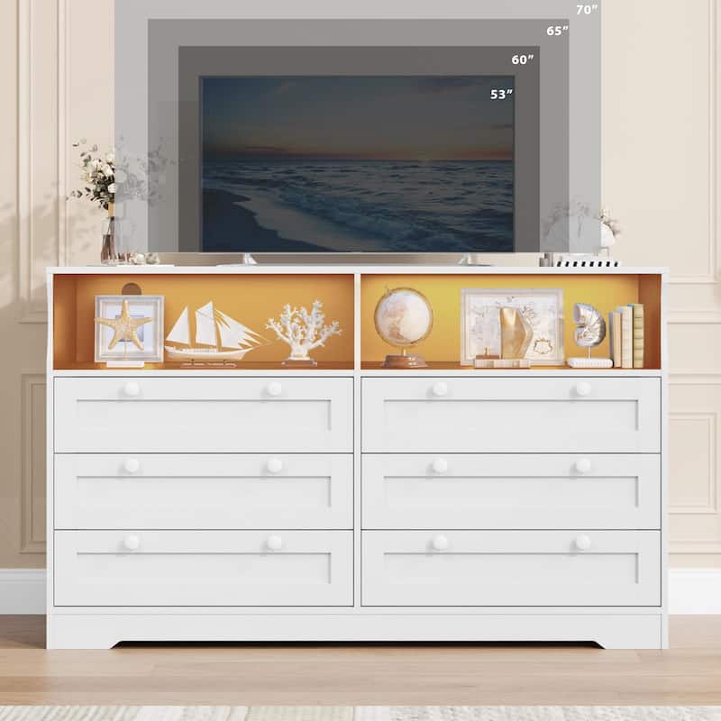 6 Drawer Dresser with RGB LED Lights, Power Outlet & 2 Open Shelves