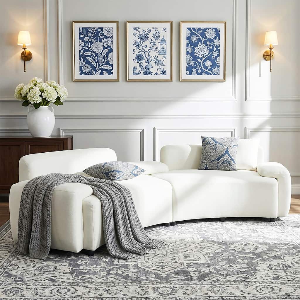 Christopher Knight Home - Lunaria 122" Modern Upholstered Curved Sofa with 2 Damask Pattern Pillows