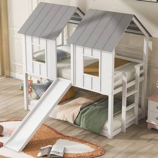 slide 2 of 12, Twin over Twin House Bunk Bed with Slide and Windows, Wooden Bed Frame White