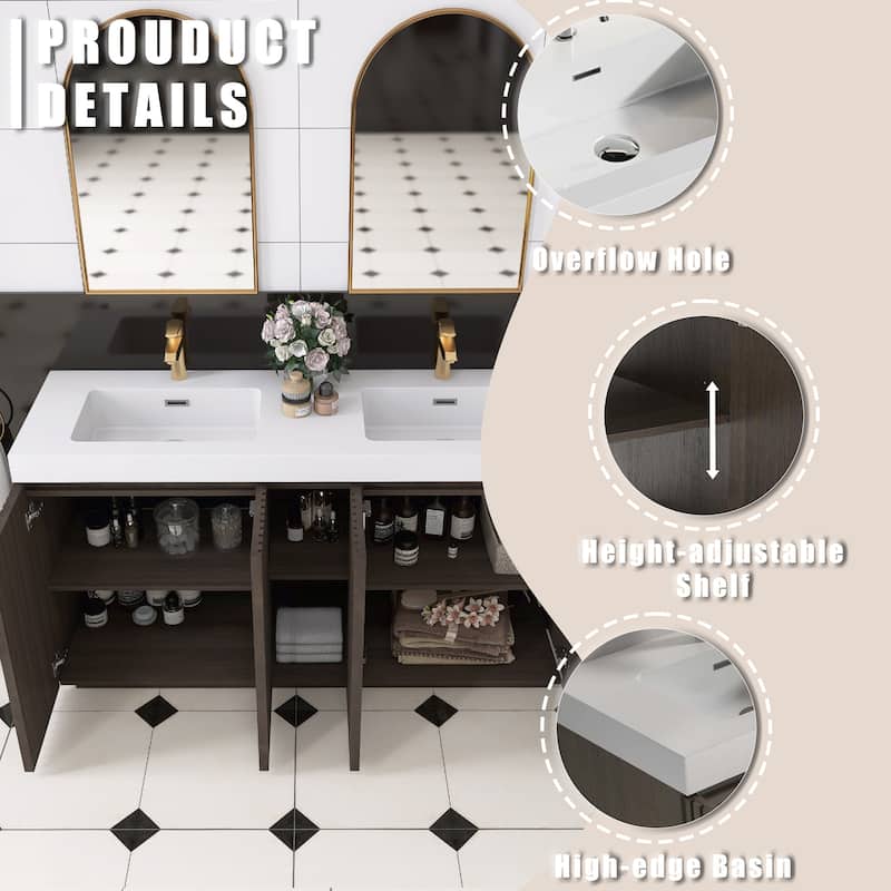 59.6'' Freestanding Bathroom Vanity with White Integrated Solid Surface Sink in Smoked Oak - 59.49'' x 19.11'' x 36.45''