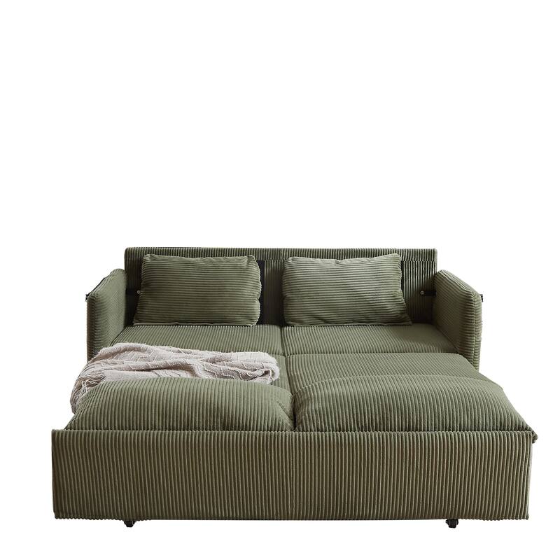 65" Corduroy 2-Seater Sleeper Sofa, 3-in-1 with Storage and Side Pocket