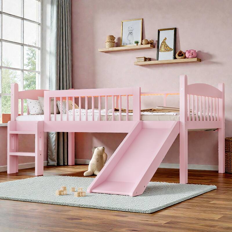 Twin XL/Twin Wood Loft Bed with Storage Shelves, LED Lights, Full-Length Guardrails & Solid Wood Frame, No Box Spring Needed