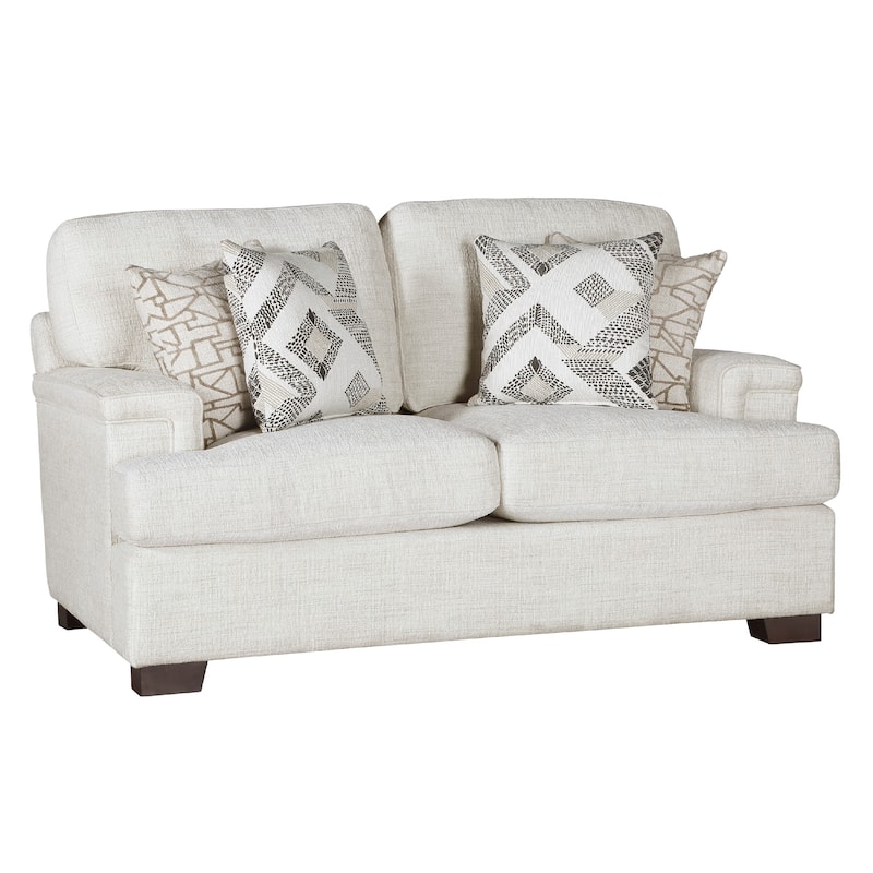 Osy Loveseat, 66 Inch, 4 Pillows, Soft Ivory Chenille, Solid Wood