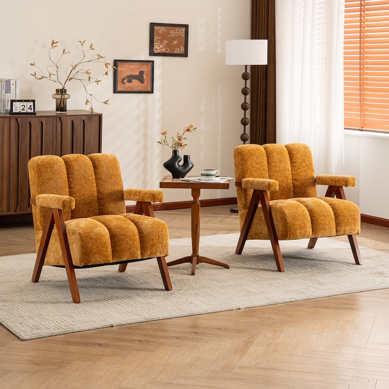 Mid Century Modern Accent Chair, Chenille Armchair with Solid Wood Legs, Channel Tufted Comfy Reading Chair for Living Room