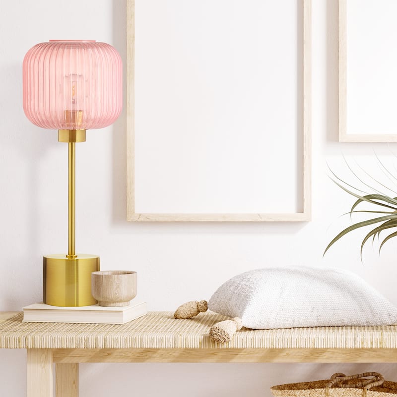 Rowan River of Goods 21.25-Inch Brushed Gold Metal Table Lamp with Glass Shade - Pink