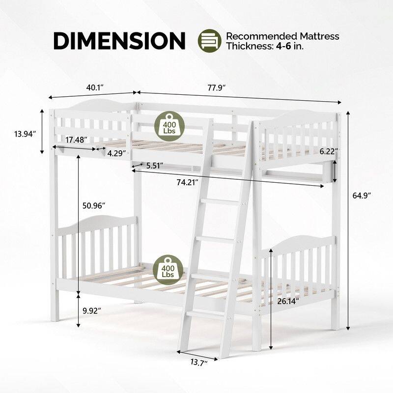Twin Over Twin Solid Wood Bunk Bed for Kids and Adults, No Box Spring Required