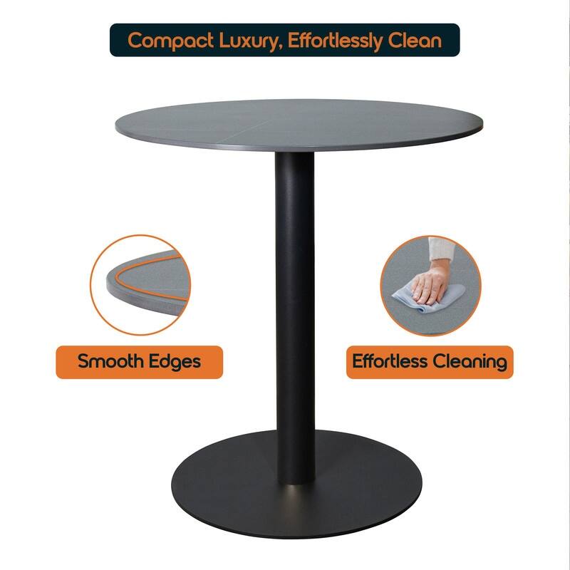 Vail Round Dining Table 36 in. Sintered Stone Tabletop in Black Stainless Steel Round Pedestal Base for Kitchen and Dining Room