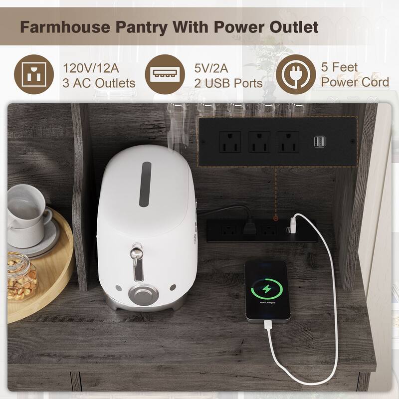 Modern Kitchen Pantry Cabinet with Power Outlet, Microwave Stand, Wine Glass Holder for Dining Room & Home Bar