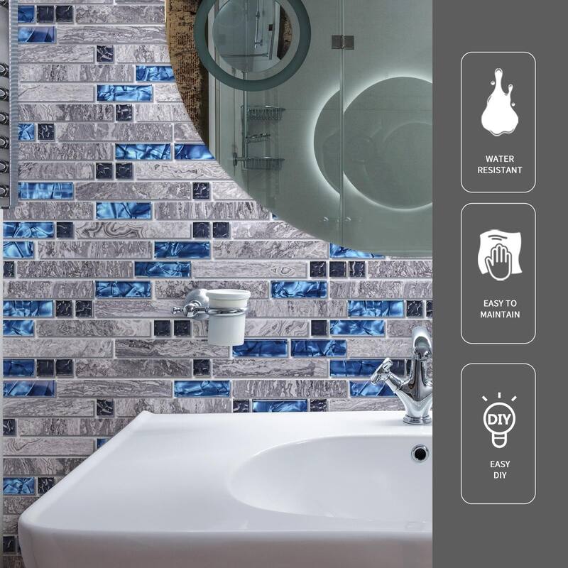 Blue/Gray Grout Decorative Glass Wall Tile for Kitchen Backsplash or Bathroom Backsplash (5 Pack) - 11.8" x 11.8"