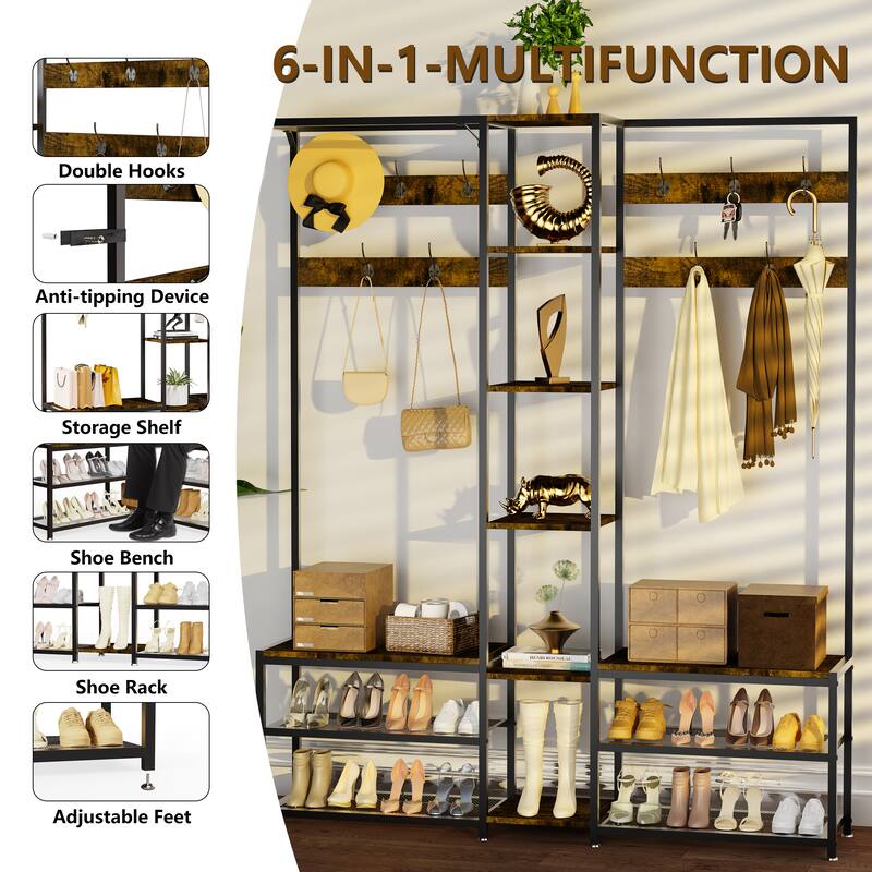 Industrial Hall Tree with Shoe Storage Bench Corner Display Shelf